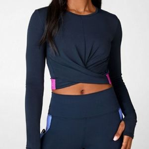 Fabletics blue & pink crop long sleeve workout top